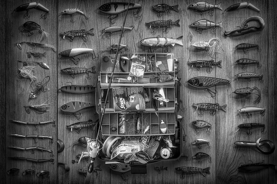 Fishing Lures and Tackle Box in Black and White by Debra and Dave Vanderlaan