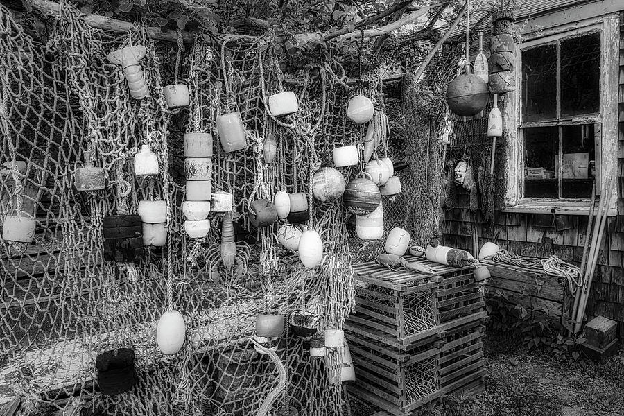 Fishing Net And Buoys Rockport BW Photograph by Susan Candelario