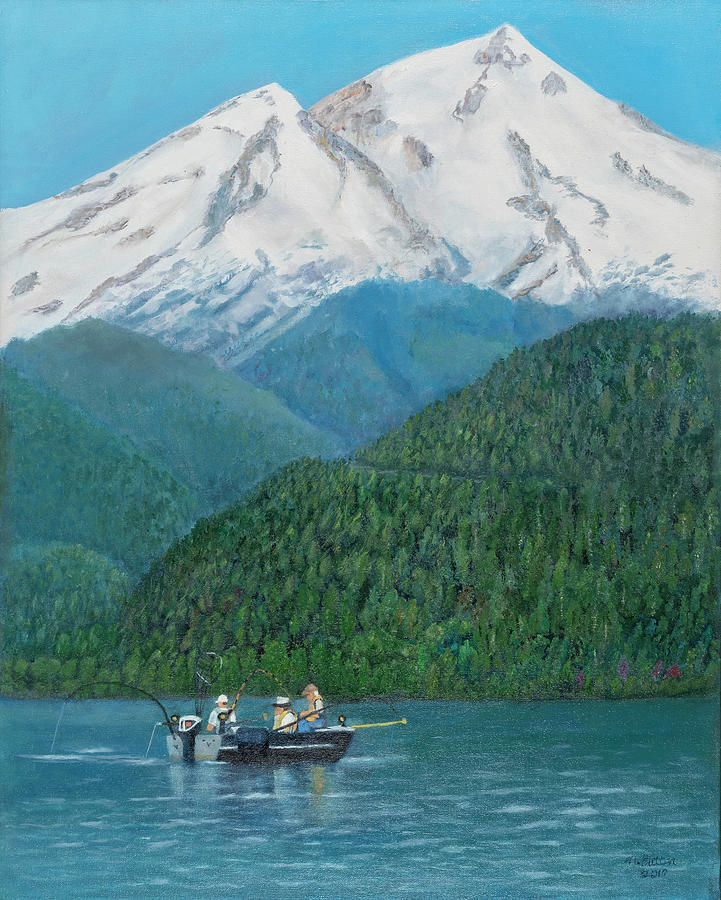Fishing on Mt. Baker lake Painting by Nadine Button