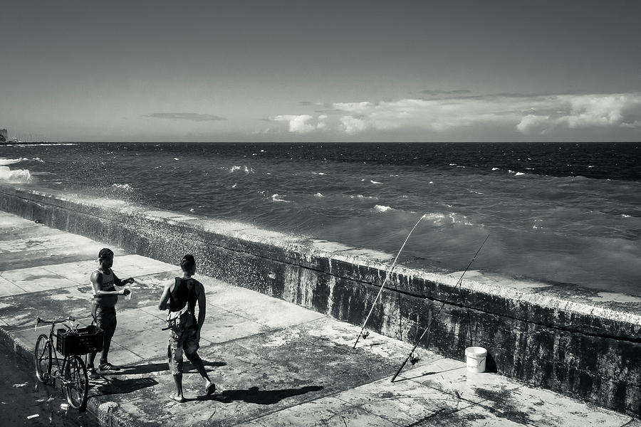 Fishing On The Malecon - Monochrome Photograph