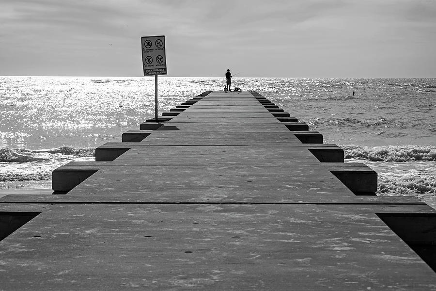 Fishing on the Pier on Beer Can Beach Long Boat Key Florida Black and White Photograph by Toby McGuire
