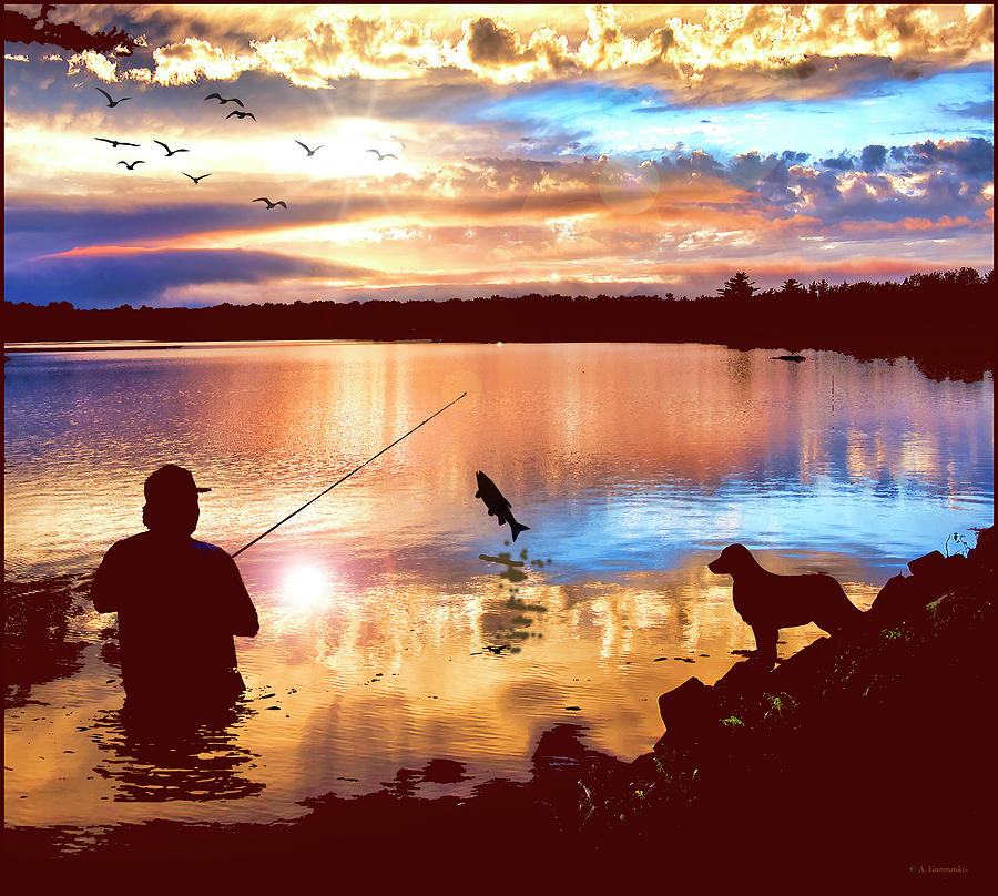 Fishing Pals, Fisherman and His Dog at Sunset Digital Art by A Macarthur Gurmankin