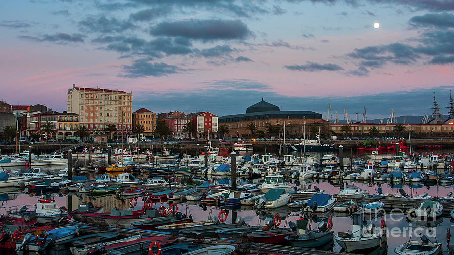 Fishing Port of Ferrol by Night with Full Moon Blue and magenta Sky La Corua Galicia Photograph by Pablo Avanzini