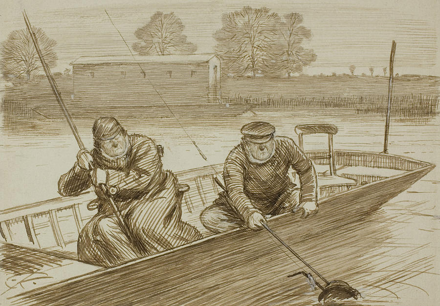 Fishing Scene Drawing by Charles Samuel Keene