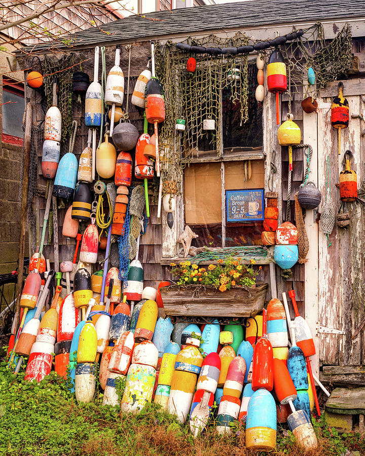 Still Life Photograph - Fishing Shack and Lobster Buoys - Rockport Massachusetts by Gregory Ballos
