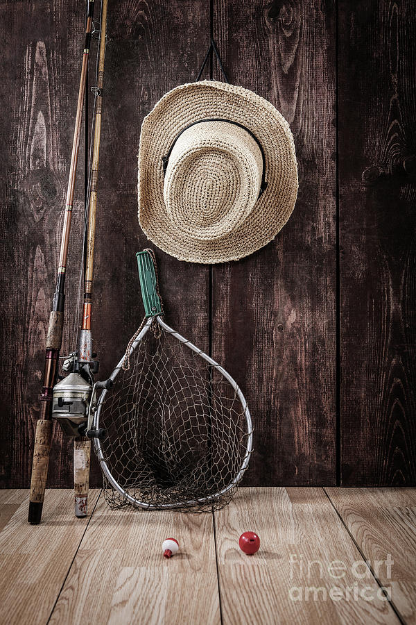 Fishing still life hat, net and fishing poles with bobbers by Suzanne Tucker