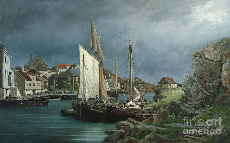 Fishing village, 1875 Painting by O Vaering by Edvard Skari