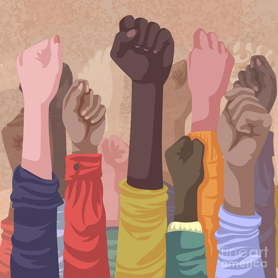 Celebrate Drawing - Fist hands up of different types of skins, multiracial raised fists concept art print by Mounir Khalfouf