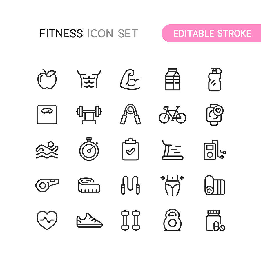 Fitness & Workout Outline Icons Editable Stoke Drawing by Bounward