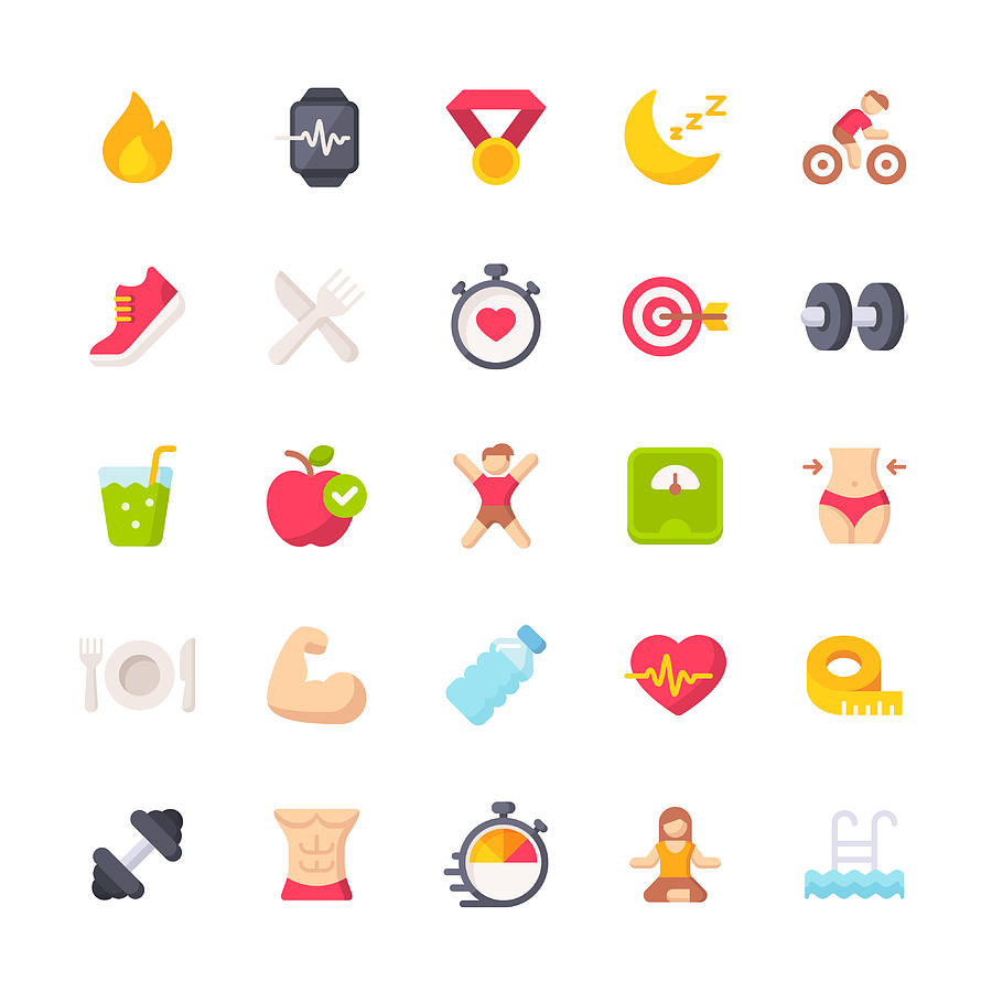 Fitness and Workout Flat Icons. Material Design Icons. Pixel Perfect. For Mobile and Web. Contains such icons as Bodybuilding, Heartbeat, Swimming, Cycling, Running, Diet. Drawing by Rambo182