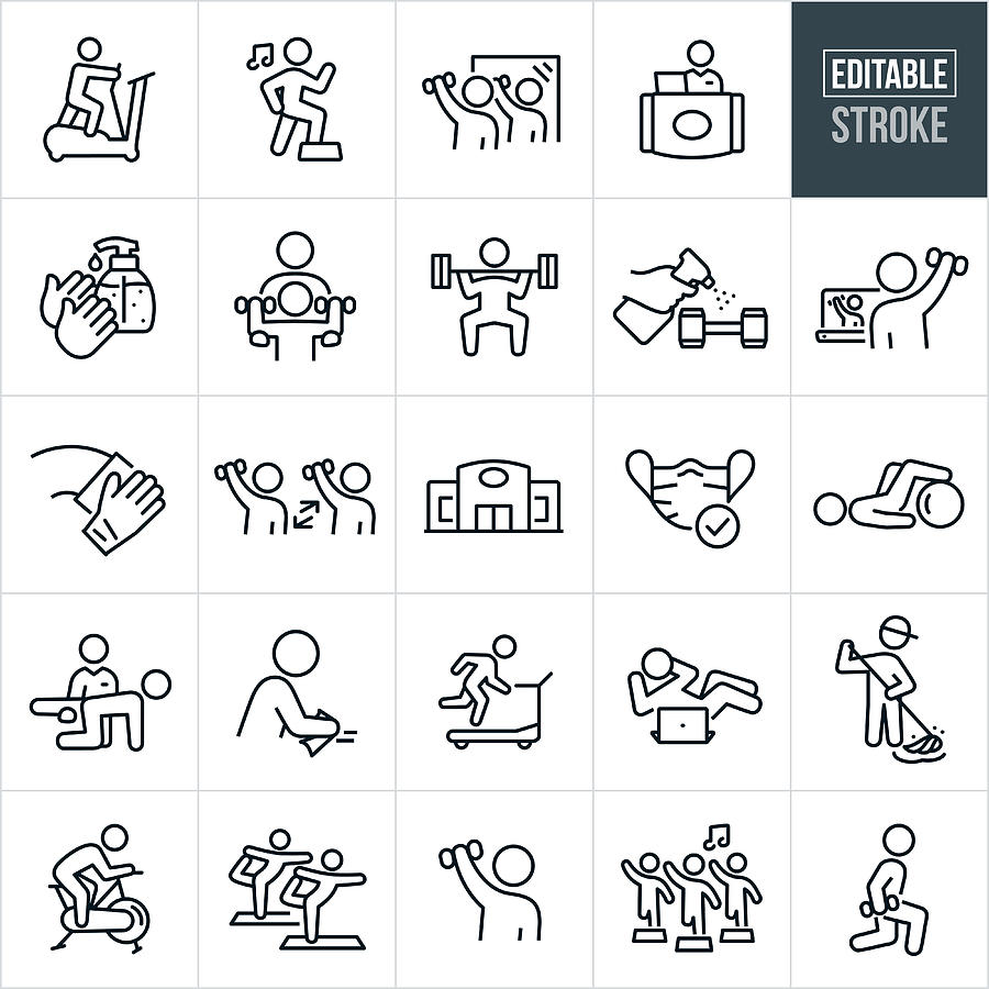 Fitness Facility And Disinfecting Thin Line Icons - Ediatable Stroke Drawing by Appleuzr