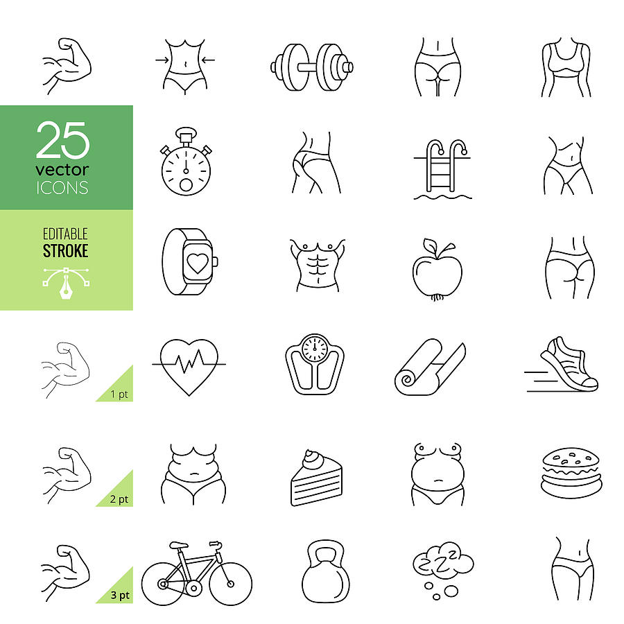 Fitness related line icons. Editable stroke. Drawing by AlonzoDesign