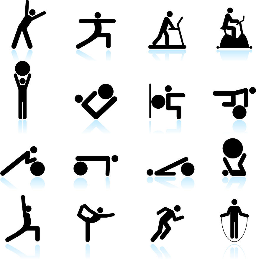 Fitness yoga and palates exercise black & white icon set Drawing by Bubaone