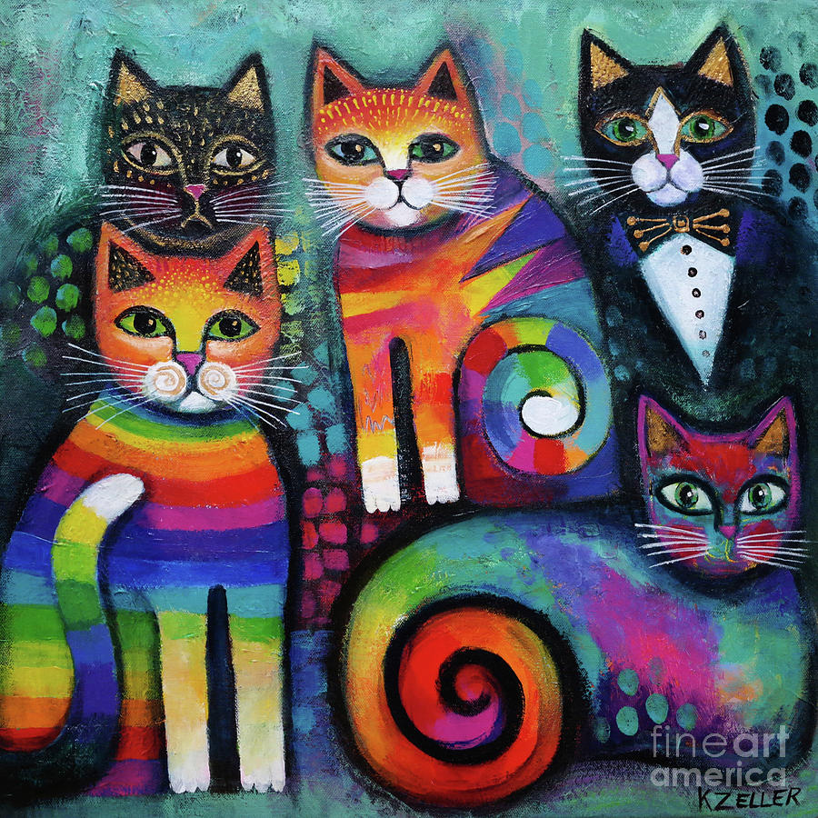 Five Cats Painting by Karin Zeller