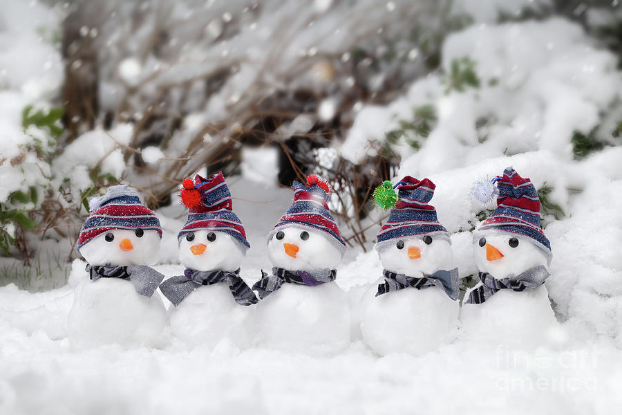 Five cute snowmen dressed for winter Photograph by Simon Bratt