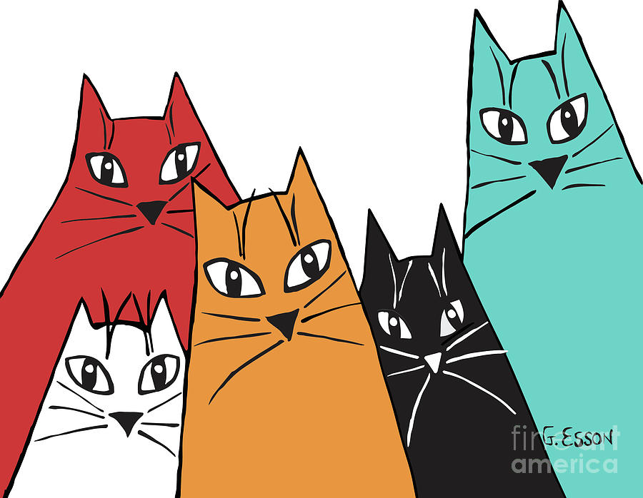 Five Fun Cats 2 Digital Art by Genevieve Esson