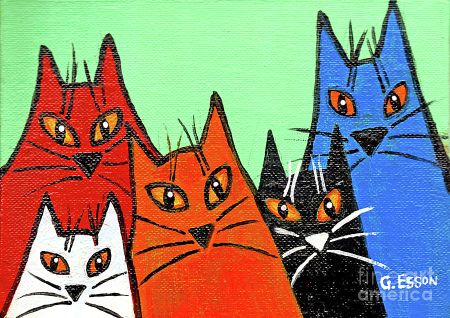 Cat Painting - Five Fun Cats With Green Background by Genevieve Esson