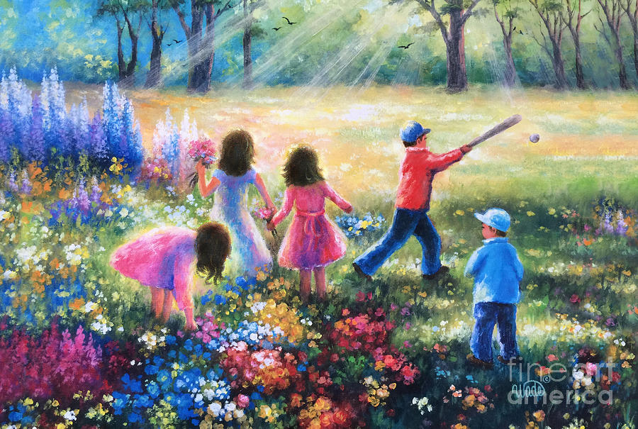 Baseball Painting - Five Garden Children brunettes by Vickie Wade