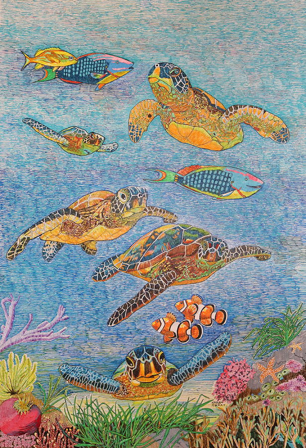 Five Green Sea Turtles Painting by Karen Merry