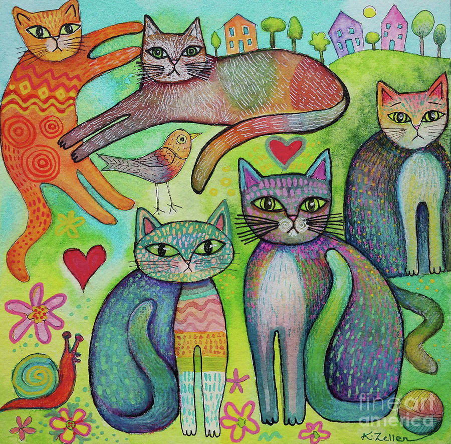 Cat Mixed Media - Five Lovely Cats by Karin Zeller
