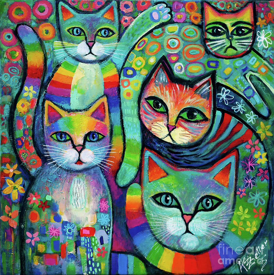 Five Rainbow Cats Painting by Karin Zeller