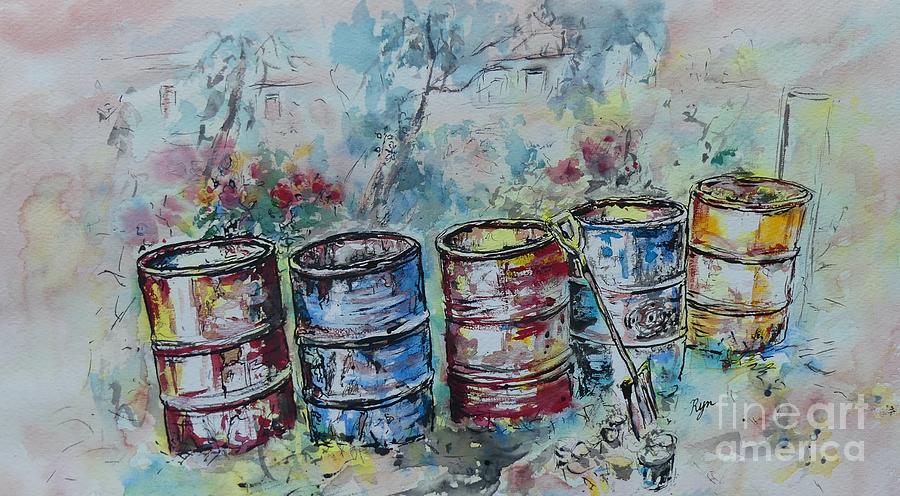 Watercolor Painting - Five Rustic Drums by Ryn Shell Watercolor Painting - Five Rustic Drums by Ryn Shell