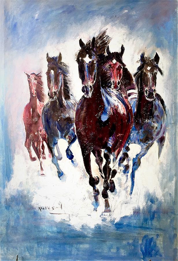 Five stallions. Painting by Khalid Saeed