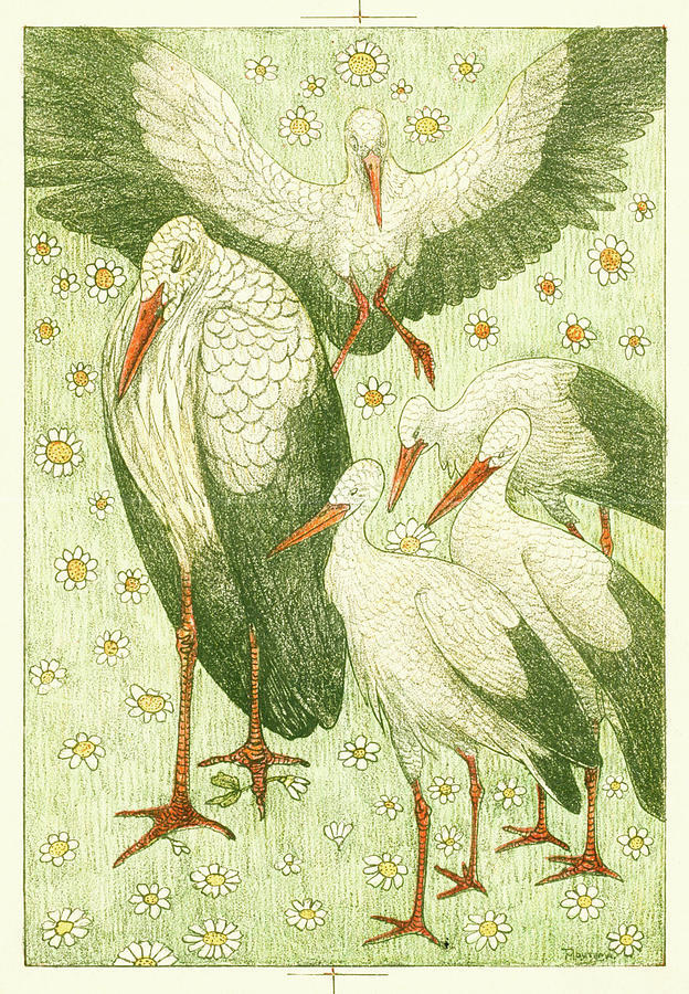 Stork Painting - Five storks in a meadow by Theo van Hoytema