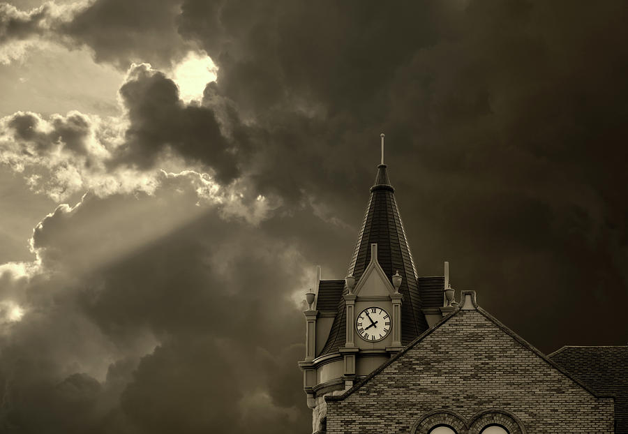 Five til Eight - Stoughton Opera House and clock tower with a stormy sky Photograph by Peter Herman