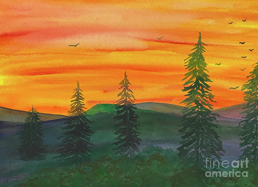 Five Tree Sunset Painting by Lisa Neuman