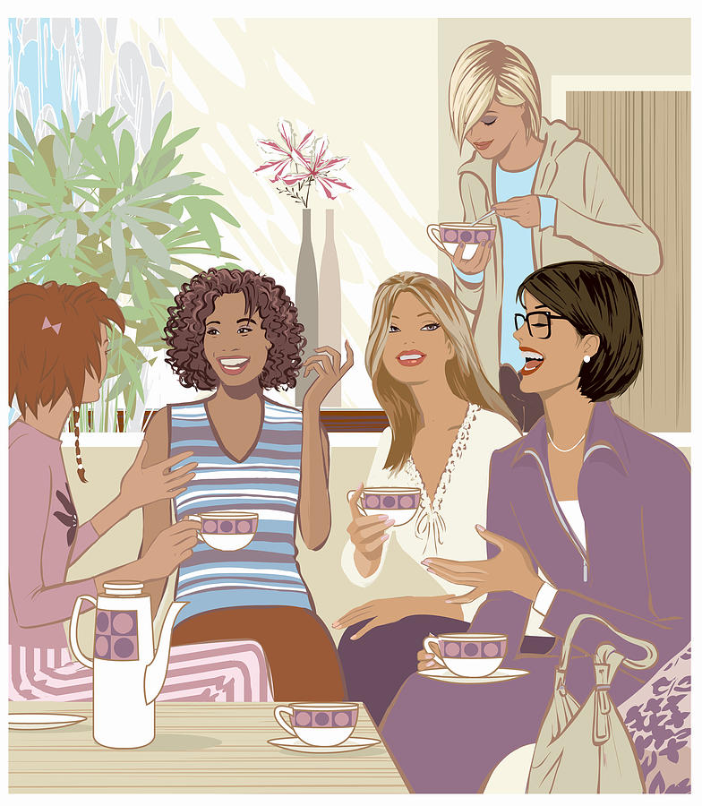 Five Women Having a Cup of Tea and Talking Drawing by Mike Wall