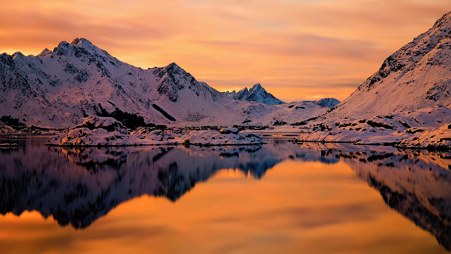 Fjord in winter at sunset, Lofoten, Norway Photograph by Panoramic Images