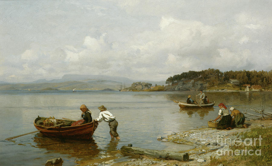 Fjord landscape, 1878 Painting by O Vaering by Hans Gude