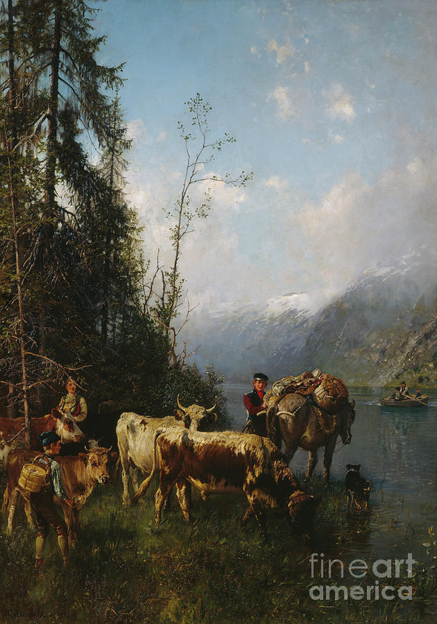 Fjord landscape with cows, 1883 Painting by O Vaering by Anders Askevold