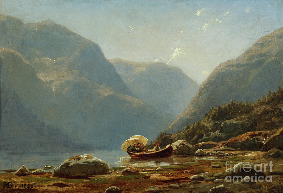 Fjord landscape with people in a rowing boat, 1855 Painting by O Vaering by Hans Gude