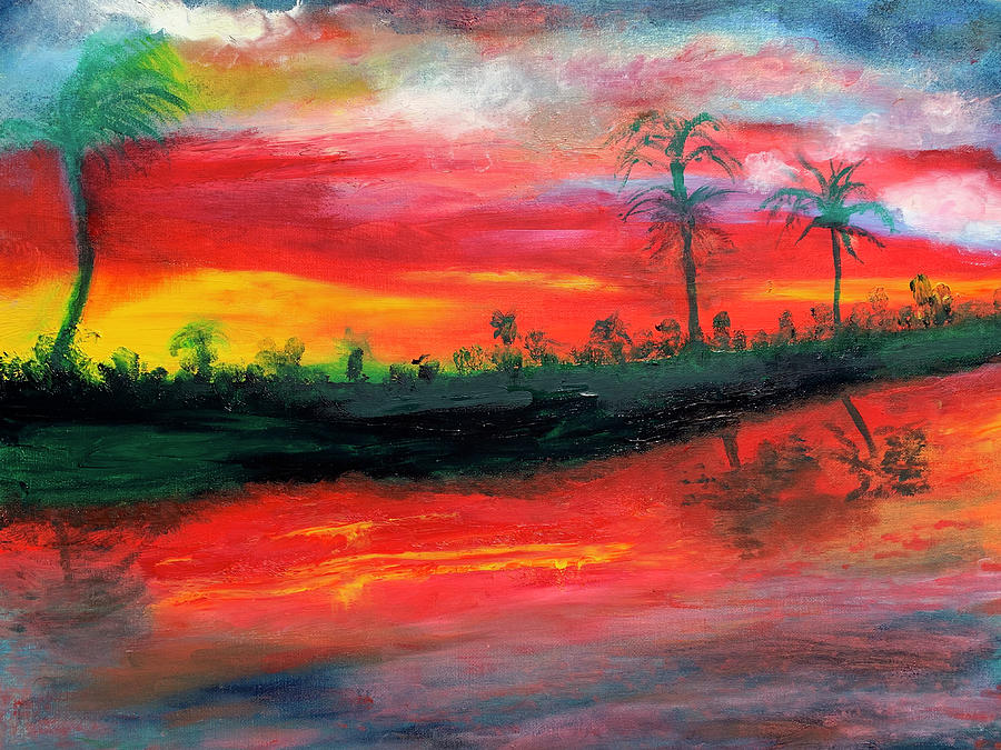 FL Gulf Palm Trees at Sunset Painting by Susan Grunin
