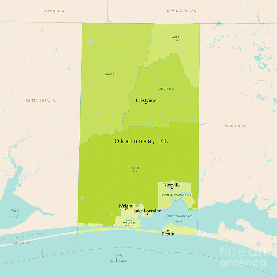 FL Okaloosa County Vector Map Green Digital Art by Frank Ramspott - Pixels