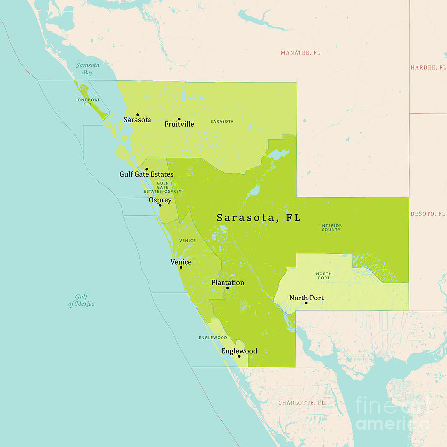 FL Sarasota County Vector Map Green Digital Art by Frank Ramspott - Pixels