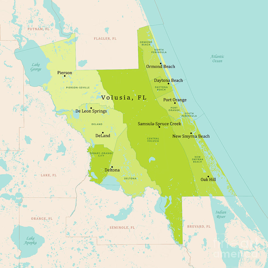 FL Volusia County Vector Map Green Digital Art by Frank Ramspott - Fine ...