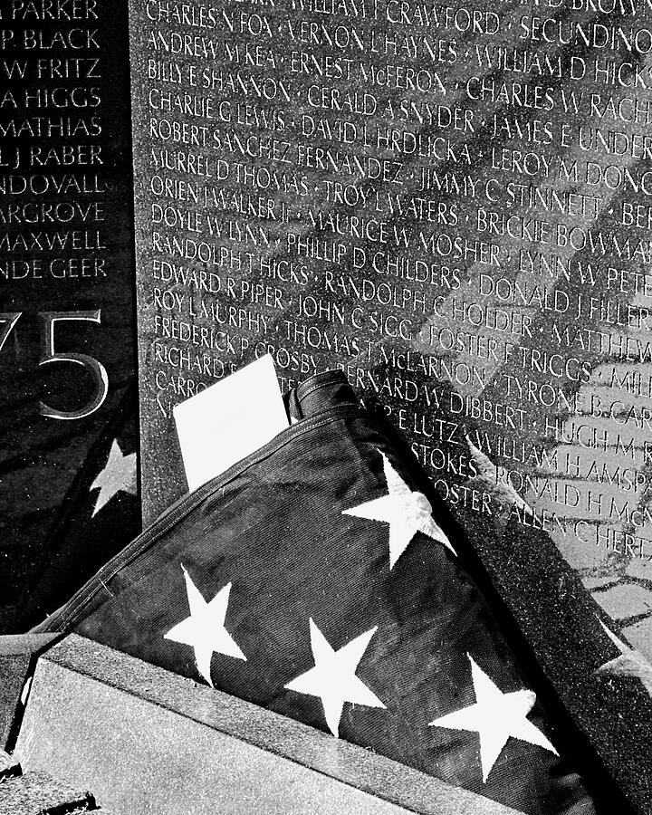 Flag at Vietnam Memorial BW Photograph by Bob Pardue