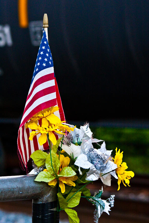 Flag, Flowers, and Freight Train Photograph by Steve Ember