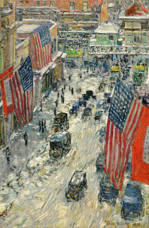 Flags On 57th Street Winter 1918 Painting By Childe Hassam Fine Art   Flags On 57th Street Winter 1918 Childe Hassam 