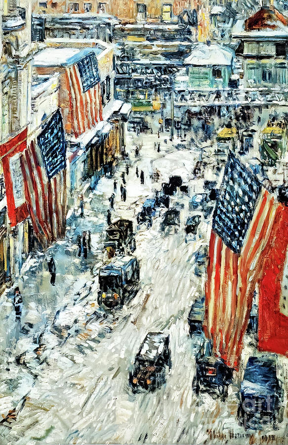 Flags on Fifty Seventh Street, Winter of 1918 by Childe Hassam Painting by Childe Hassam