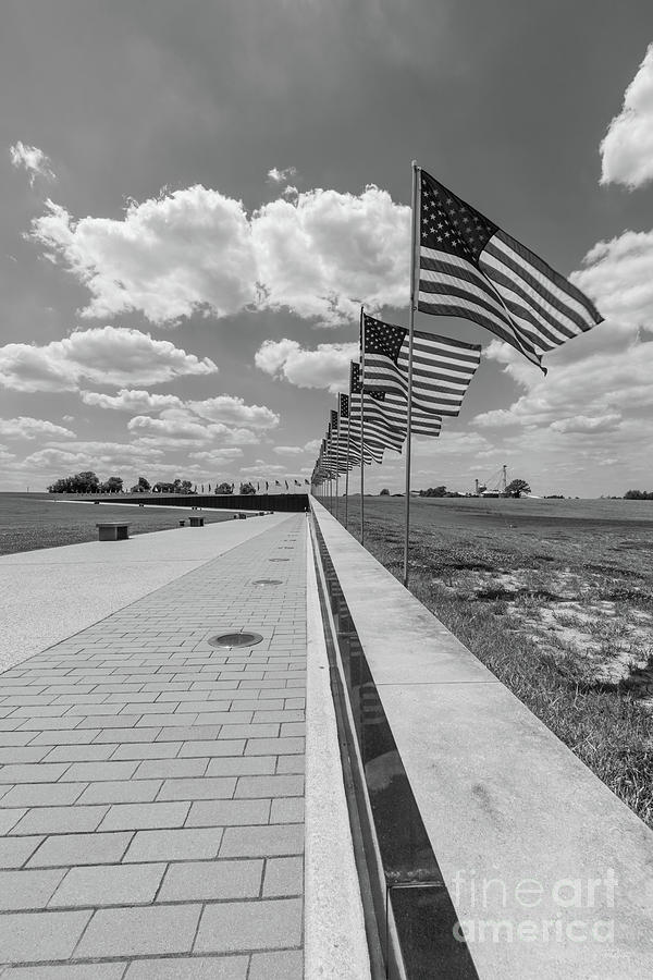 Flags over MO Veterans Memorial Vietnam Wall Grayscale Photograph by Jennifer White