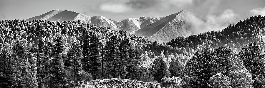 Flagstaff Arizona Frosty Mount Elden Landscape Panorama - Black and White Photograph by Gregory Ballos
