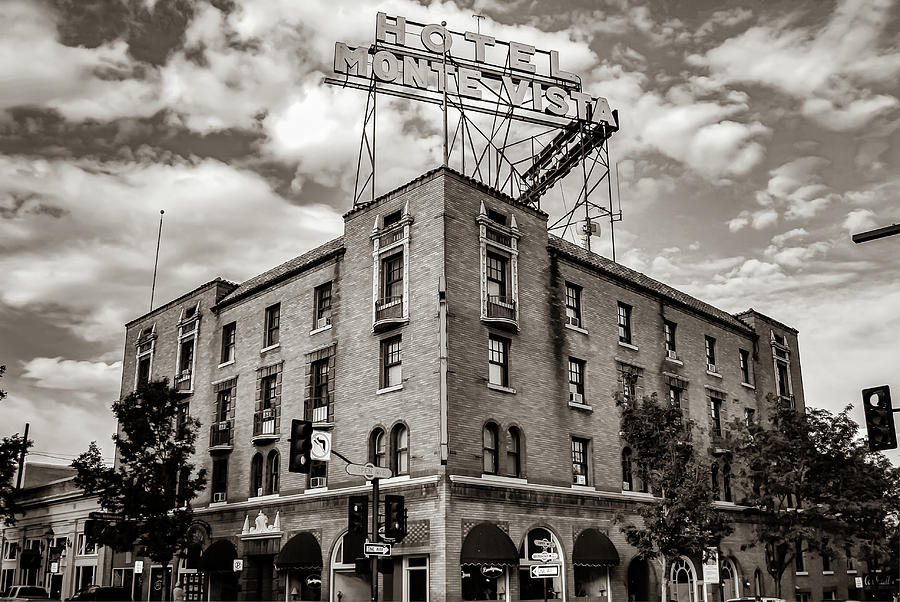 Black And White Photograph - Flagstaff Arizona Route 66 Hotel Monte Vista in Sepia by Gregory Ballos