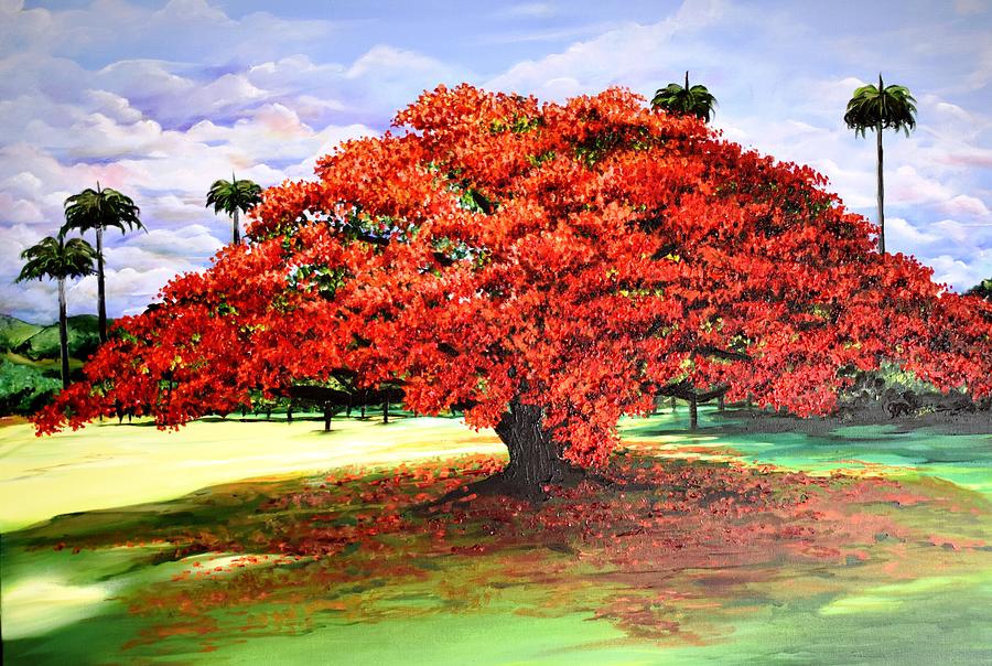 Flamboyant Tree Painting - Flamboyant Ablaze by Karin  Dawn Kelshall- Best