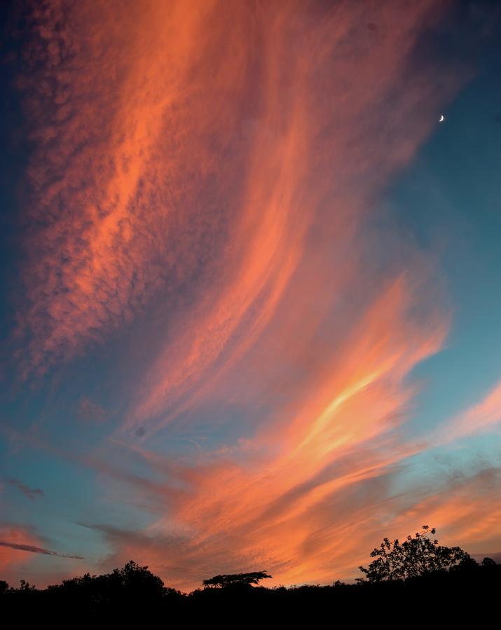Flaming Sky With New Moon Photograph
