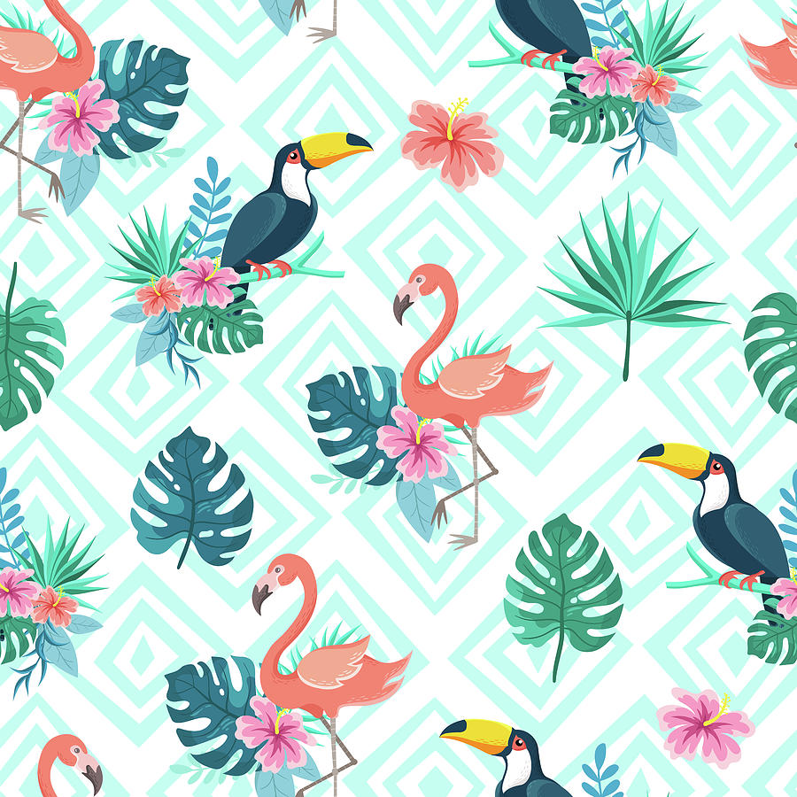 Flamingo and toucan with flowers on a background of blue geometric