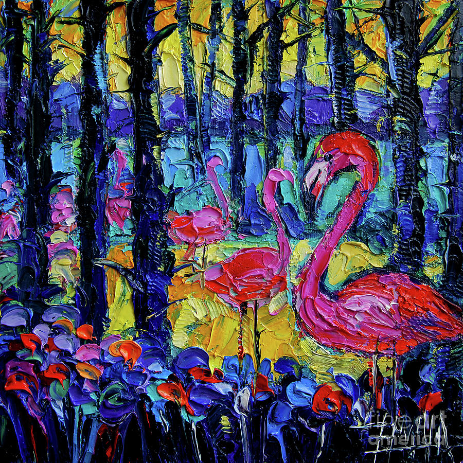 Flamingo Painting - FLAMINGO ENCHANTED FOREST highly textured palette knife painting Mona Edulesco by Mona Edulesco